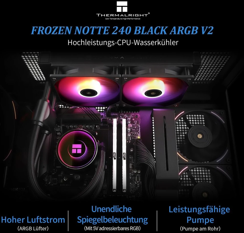 Thermalright Frozen Notte 240 Juodas Argb V2 vandens aušinimo cpu aušintuvas, 240 specifikacijos cpu skystas aušintuvas, dvigubi pwm ventiliatoriai, s-fdb guoliai, tinka am4/am5, intel lga 1851/1700/115x/1200/2011