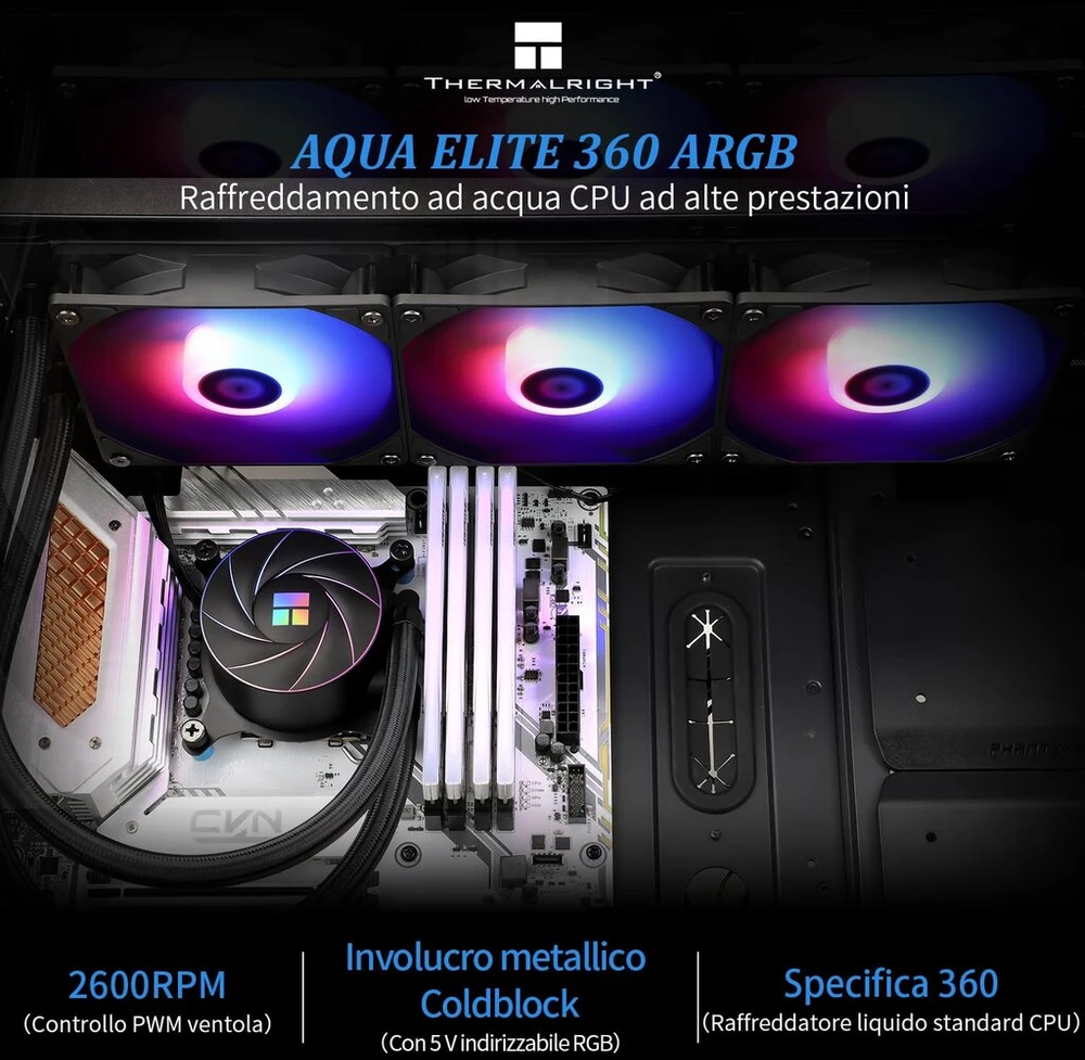 Thermalright Tr aqua elite 360 argb vandens aušintuvas cpu su 3 pwm argb ventiliatoriais, 1550rpm greitis amd/am4/am5 & intel lga1150/1151/1155/1156/1200/2011/1700 (ae360 argb)