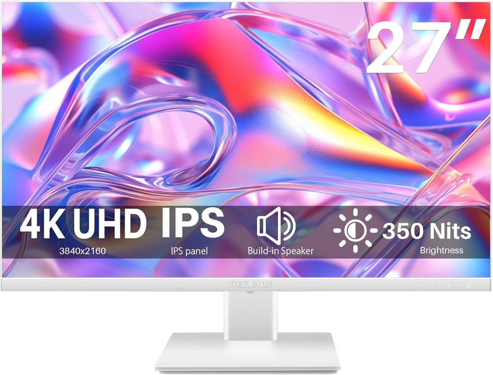 Thinlerain 27 colių monitorius 4k Uhd (3840 x 2160) Ips Led ekranas kompiuterio ekranas Amd Freesync, 100% Srgb, įmontuoti garsiakalbiai, 2 x Hdmi, 1 x Displayport, 60 Hz, 4 ms, baltas