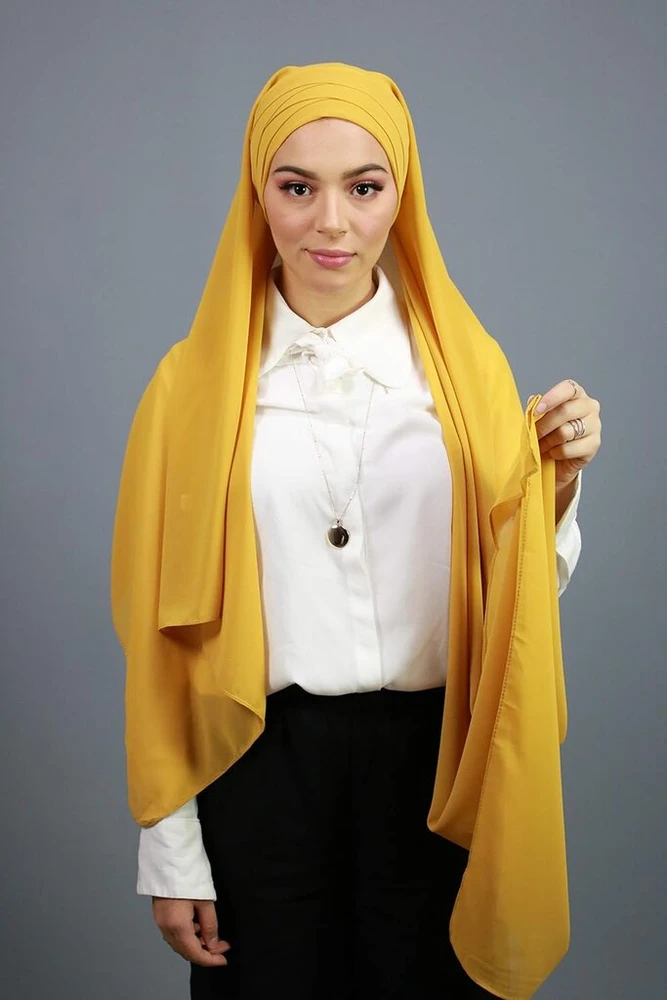 Threading Hijab vientisas krepo šifonas su integruota kepure, universalus dydis (garstyčių geltona), garstyčių geltonumo