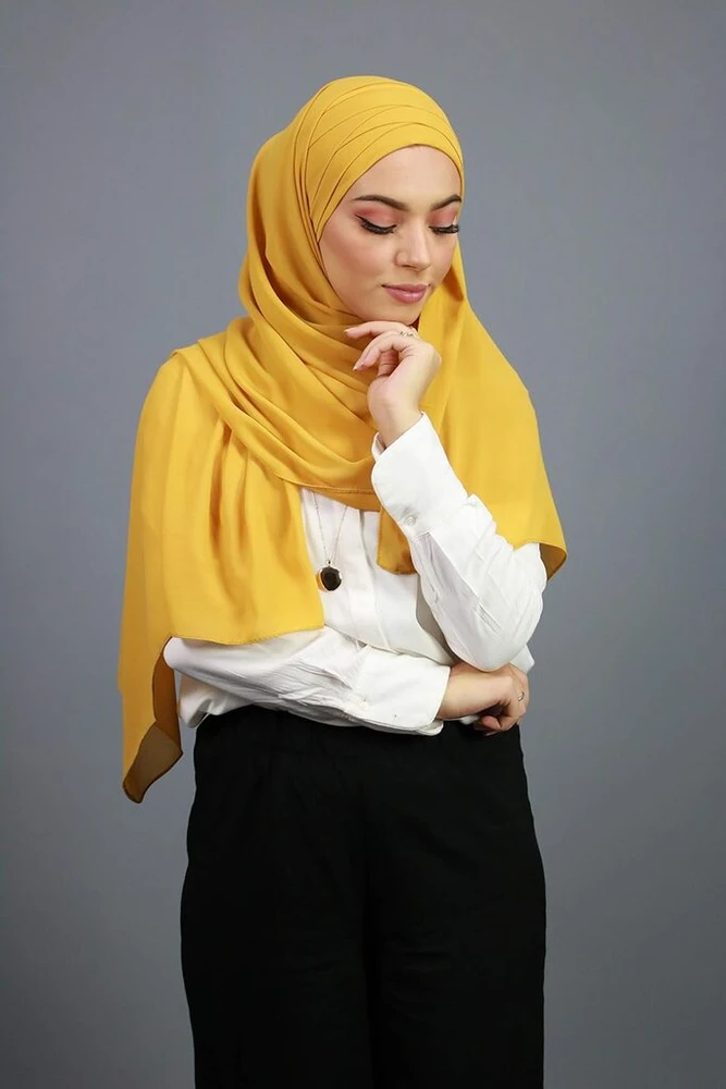 Threading Hijab vientisas krepo šifonas su integruota kepure, universalus dydis (garstyčių geltona), garstyčių geltonumo