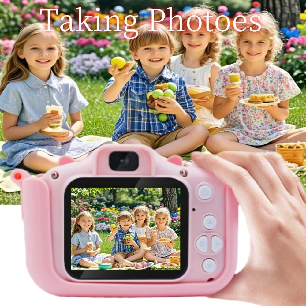 Threeh vaikiškas skaitmeninis fotoaparatas, nešiojamas fotografavimo fotoaparatas 1080p 48mp vaizdo įrašymo įrenginys su 32gb Tf kortele ir 2.0 colių ekranu gimtadienio kelionėms (rožinis)