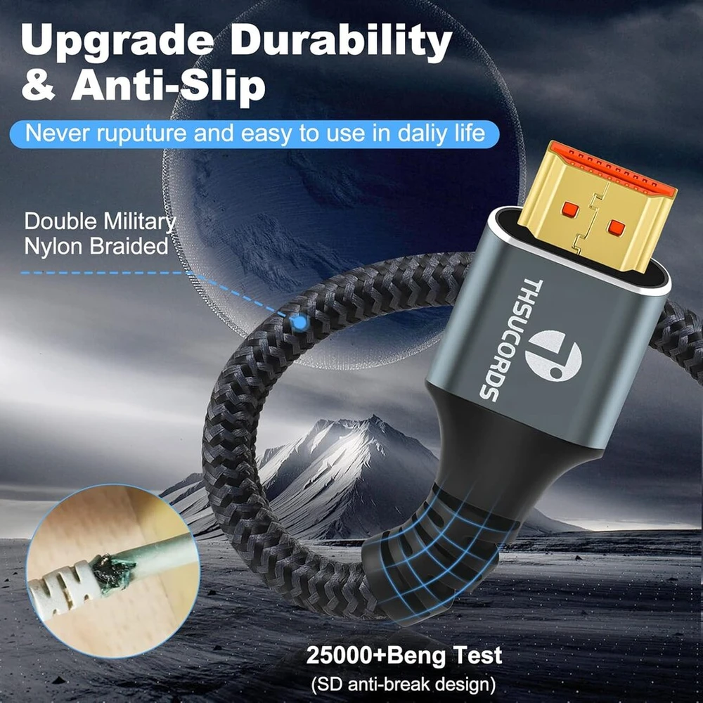 Thsucords 8k Hdmi 2.1 kabelis 1 m, 2 vnt. pakuotė, didelės spartos pintas Hdmi į Hdmi kabelis palaiko 8k@60hz, 4k@120hz 144hz 48gbps, suderinamas su Roku Tv/ps5/hdtv/blu-ray