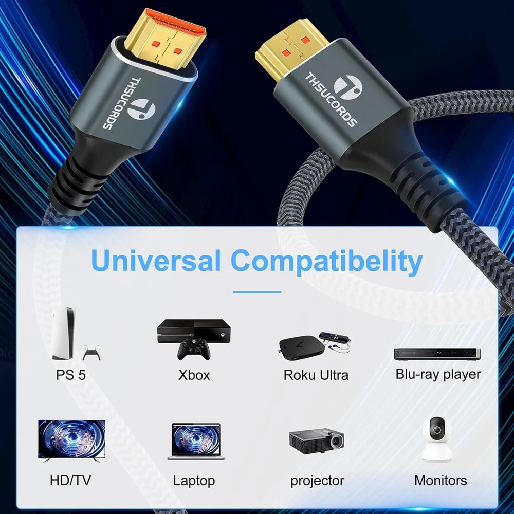 Thsucords 8k Hdmi 2.1 kabelis 1 m, 2 vnt. pakuotė, didelės spartos pintas Hdmi į Hdmi kabelis palaiko 8k@60hz, 4k@120hz 144hz 48gbps, suderinamas su Roku Tv/ps5/hdtv/blu-ray