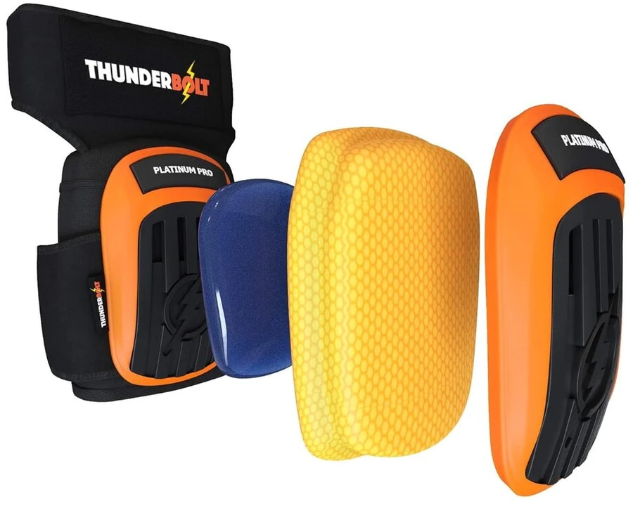Thunderbolt® profesionalūs kelių apsaugos, patogūs geliniai kelių įtvarai darbui, statyboms, grindų klojimui, sodininkystei su tvirtais neslystančiais dirželiais, oranžiniai