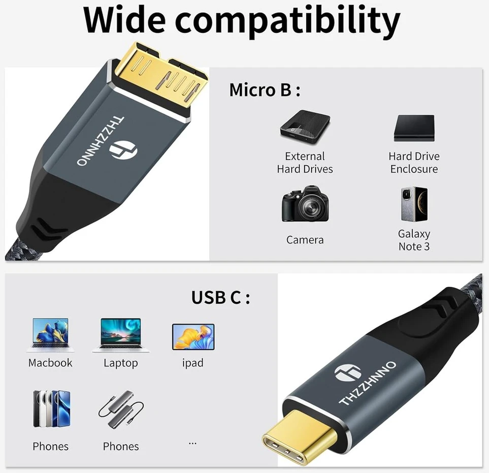 Thzzhnno usb c į micro b kabelis 0,5 m, micro b į usb c kietojo disko kabelis, skirtas iphone 15, 16, my passport, ipad/tablet