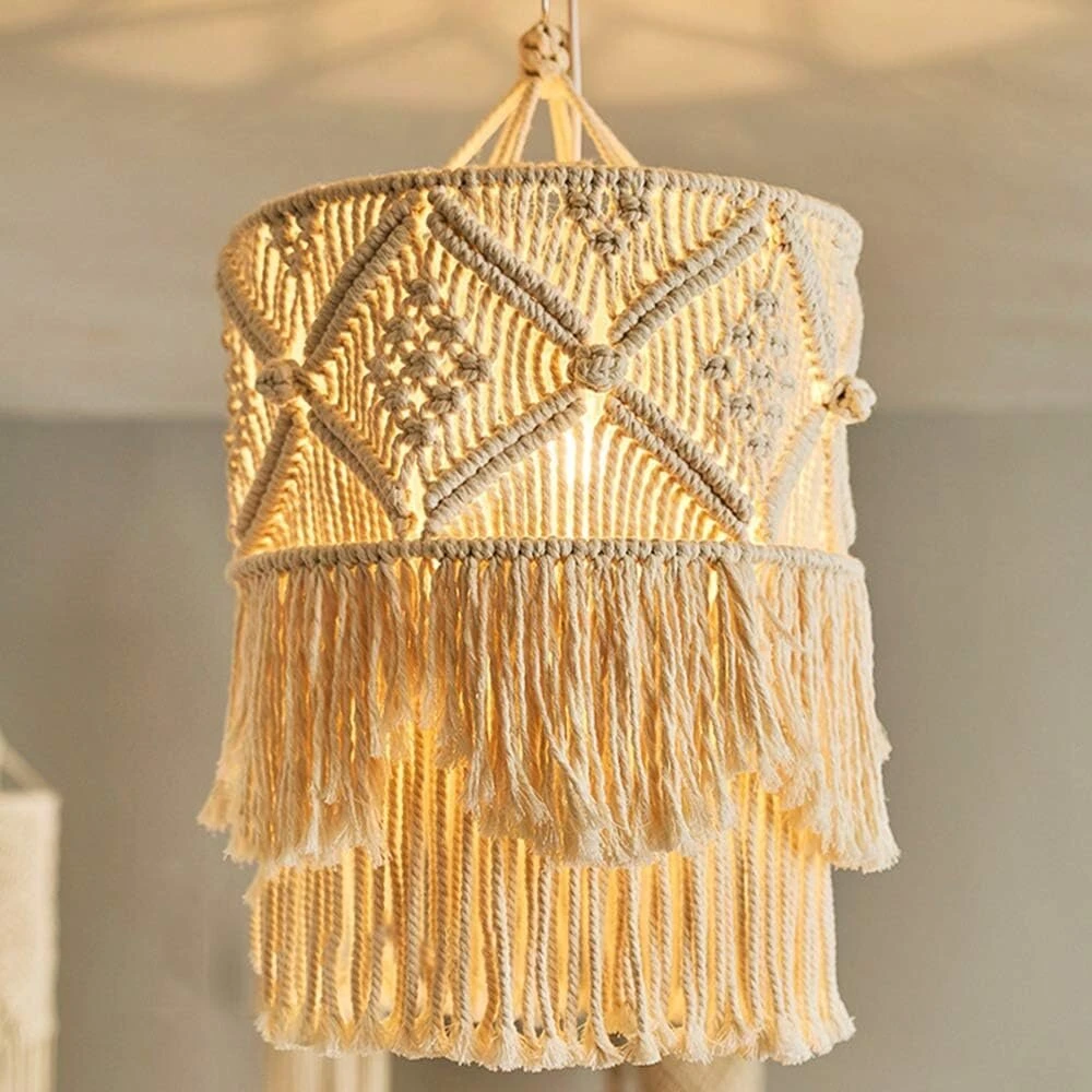 Tiamu macrame pakabinamas gaubtas, boho lubų gaubtas, pakabinamas šviestuvo gaubtas, žibinto krepšys, austas lininis audinio gaubtas, lubų šviestuvo gaubtas miegamajam, prieškambariui, valgomojo stalui