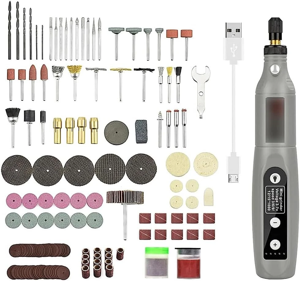 Tiardey akumuliatorinis rotacinis įrankis su 24 priedais - 3.7v 5 greičiai 3600-15000rpm mini elektrinis šlifuoklis įkraunamas per Usb