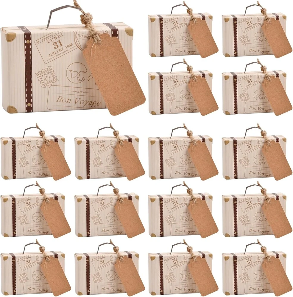 Tibapla 50 mini lagaminų vestuvių dovanų pakuotė, 8 × 5 × 3 cm, vintažinė kraft popieriaus dovanų dėžutė su etiketėmis ir džiuto virvele vestuvėms, gimtadienio vakarėliui, krikštynoms, kūdikio sutiktuvių vakarėliui