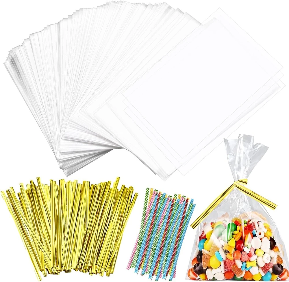 Tigvio 200 celofaninių maišelių pakuotė, 12 x 8 cm, maži maišeliai saldainiams, celofaniniai maišeliai, maži skaidrūs maišeliai pildymui, plastikiniai maišeliai maži su metalinėmis juostelėmis kaip dovanų maišeliai, permatomi sausainių maišeliai