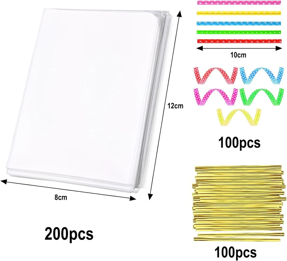 Tigvio 200 celofaninių maišelių pakuotė, 12 x 8 cm, maži maišeliai saldainiams, celofaniniai maišeliai, maži skaidrūs maišeliai pildymui, plastikiniai maišeliai maži su metalinėmis juostelėmis kaip dovanų maišeliai, permatomi sausainių maišeliai