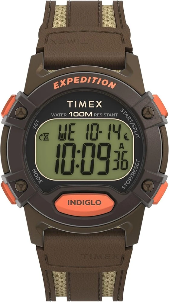 Timex vyriškas Expedition Cat5 41mm laikrodis - rudas odinis dirželis, skaitmeninis ciferblatas, rudas korpusas