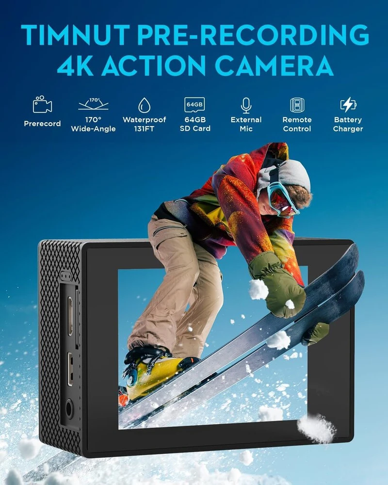 Timnut veiksmo kamera 4k30fps, povandeninė kamera, wifi kamera, 20mp hd 170°fov su eis šalmo kamera, 40m/131ft atspari vandeniui kamera su 2 baterijomis, 64g sd kortele ir šalmo tvirtinimo priedų rinkiniais