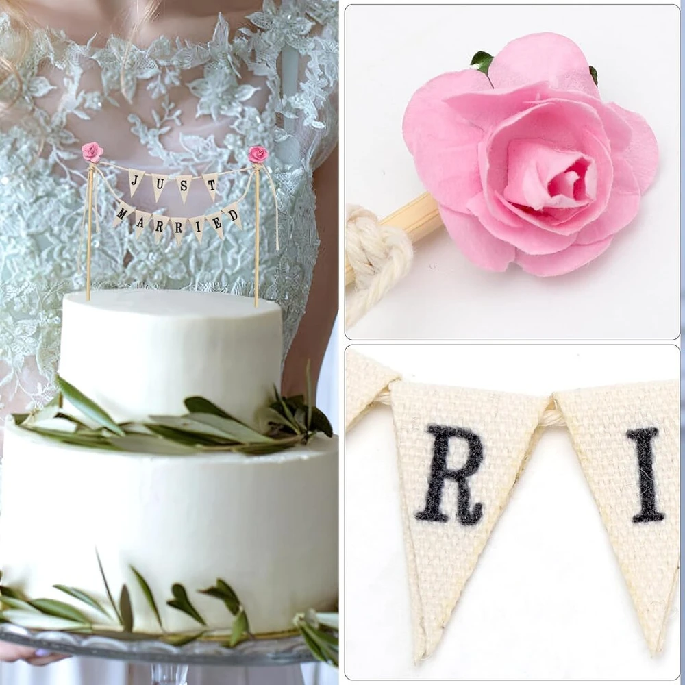 Tnsland torto viršūnė vestuvėms "just Married" girlianda vintažinė vestuvinio torto dekoracija torto viršūnė vestuvėms mini vėliavėlės "just Married" ženklas torto dekoracija vestuvinio torto viršūnė (su rožine rože) 1 vnt.
