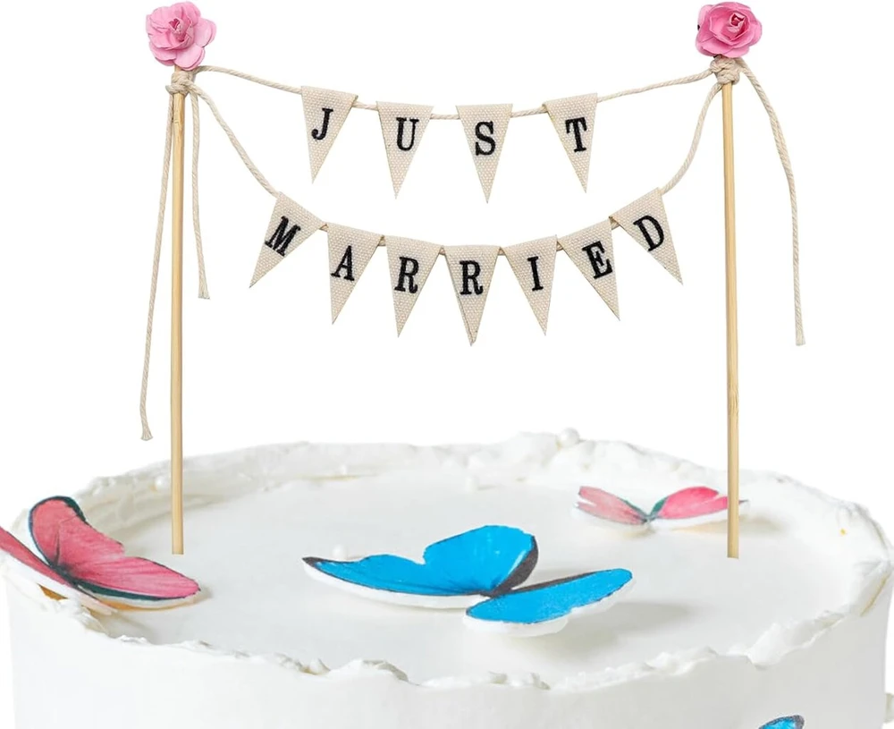 Tnsland torto viršūnė vestuvėms "just Married" girlianda vintažinė vestuvinio torto dekoracija torto viršūnė vestuvėms mini vėliavėlės "just Married" ženklas torto dekoracija vestuvinio torto viršūnė (su rožine rože) 1 vnt.