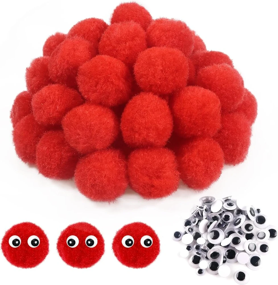 Toaob 50 vnt. pomponų rinkinys rankdarbiams, dideli, 30 mm, raudoni pomponai, purūs pliušiniai rinkiniai, kamuoliukai, meno burbulai su 100 vnt. lipnių, judančių akių dekoravimui, siuvimui, "pasidaryk pats", linksmi kūrybiniai