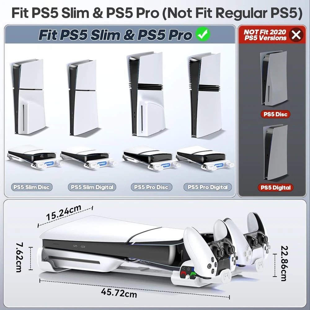 Tokluck horizontalus ps5 slim/pro laikiklis su aušintuvu, skirtas disc & digital, ps5 horizontalus stovas su ps5 įkrovimo stotele, ps5 horizontalus stovas, skirtas ps5 slim & pro konsolei (netinka ps5 2020)