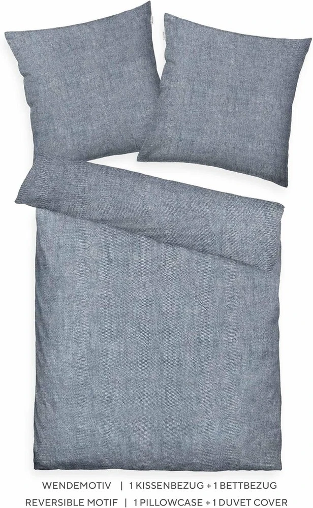 Patalynės komplektas Tom Tailor austi melanžiniai patalynės užvalkalai, 80 x 80 cm + 135 x 200 cm, 40% medvilnė, 25% viskozė, 35% poliesteris, su paaukštinta siūle ir firminiu užtrauktuku, austi melanžiniai mėlyni (švelni tamsiai mėlyna)
