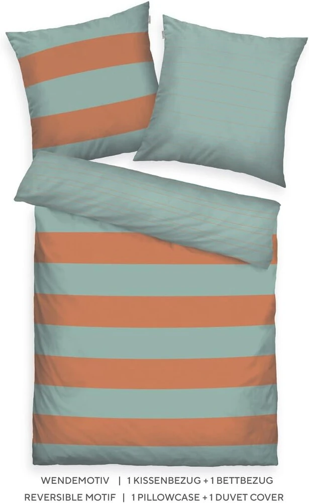 Tom Tailor Renforcé patalynės komplektas, 80 x 80 cm + 135 x 200 cm, 100% medvilnė/renforcé, su reversiniu motyvu ir spalvotu firminiu užtrauktuku, ryškūs dryžiai oranžinė, turkio spalvos (šilta koralų ir gaivi šalavijų)