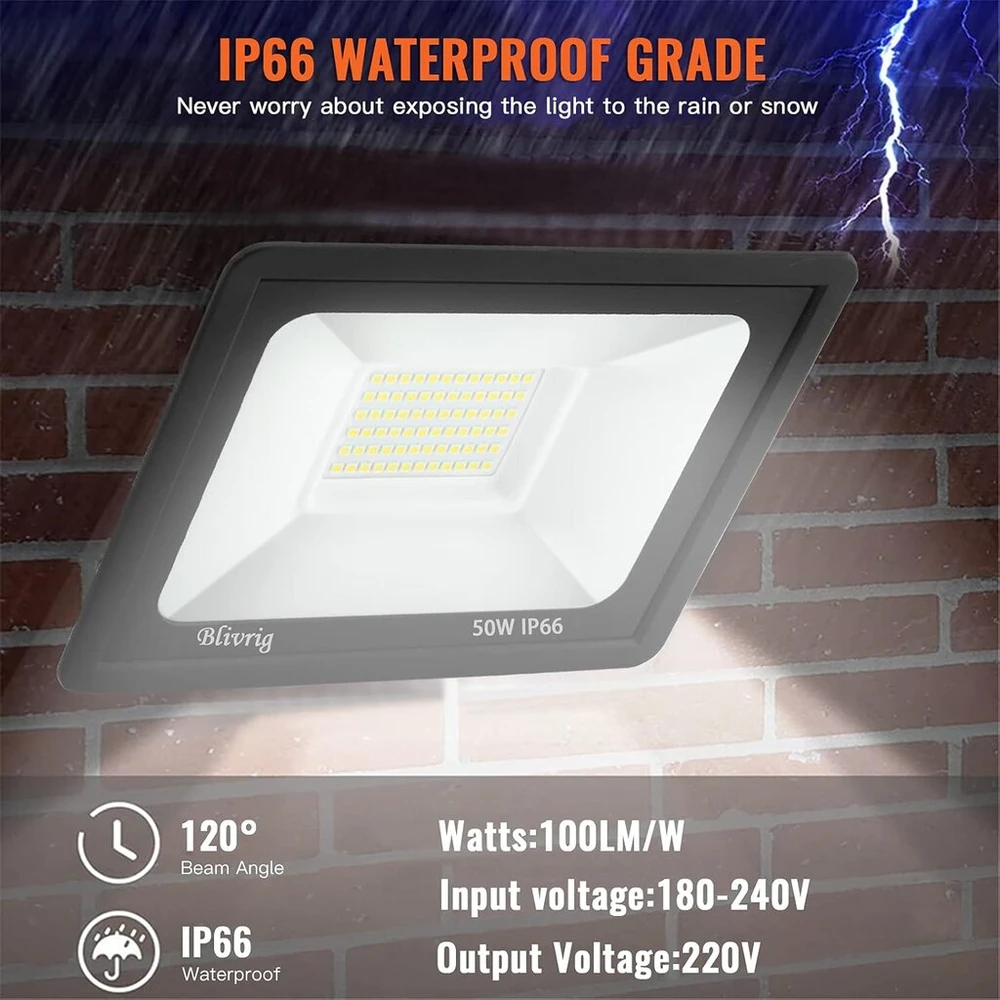Toobettp 50 W Led lauko prožektorius, Ip66 atsparus vandeniui Led prožektorius, itin ryškus 5000 Lm prožektorius, 6500 K šaltai balta šviesa, lauko prožektorius sodams, kiemams, garažams, viešbučiams