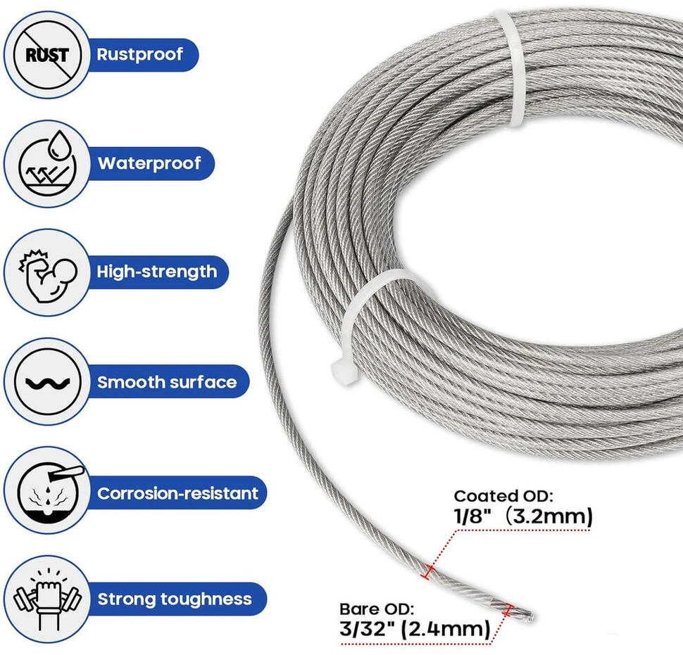 Tootaci nerūdijančio plieno trosas 3 mm rinkinys, nerūdijančio plieno trosas 3 mm, 15 m / 3 mm nerūdijančio plieno kabelis padengtas Pvc, plieno trosas su kilpomis, M5 trosų įtempimo kabliai, kilpinės plokštelės, karabinas