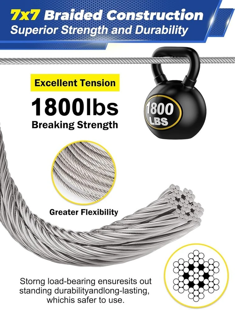 Tootaci nerūdijančio plieno trosas 3 mm rinkinys, t316 nerūdijančio plieno vielinis trosas 3 mm, plieno kabelis su kilpomis, 15 m plieno kabelis nerūdijančio plieno, m6 trosų įtempiklis nerūdijančio plieno kabliai, kilpinės plokštelės
