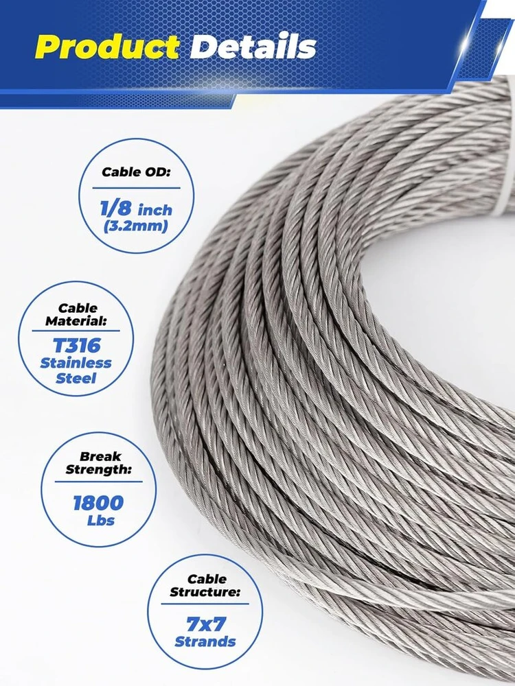 Tootaci nerūdijančio plieno trosas 3 mm rinkinys, t316 nerūdijančio plieno vielinis trosas 3 mm, plieno kabelis su kilpomis, 15 m plieno kabelis nerūdijančio plieno, m6 trosų įtempiklis nerūdijančio plieno kabliai, kilpinės plokštelės