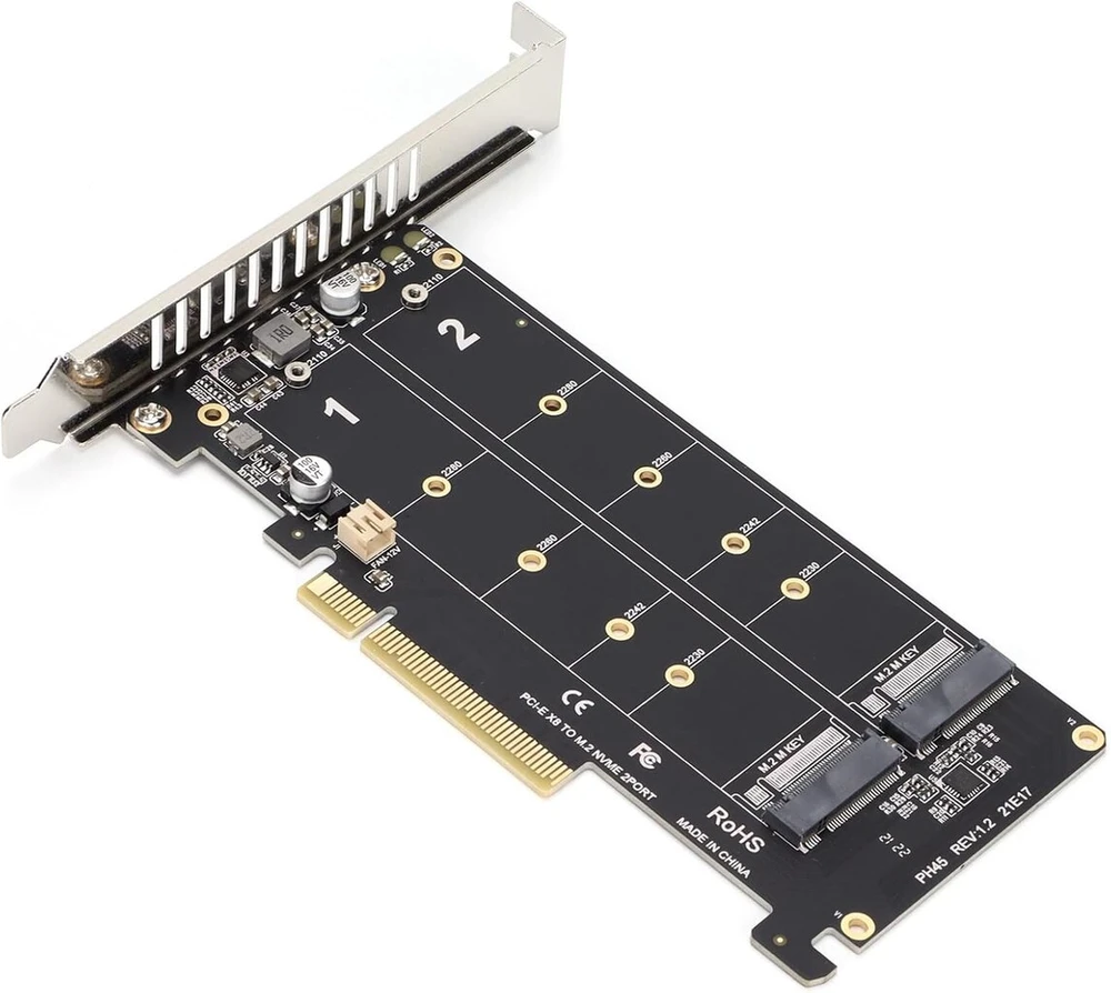 Topiky Dual M.2 Nvme Ssd į Pcie X8 M Key adapterio kortelę, signalo skaidymo masyvo kortelės kietojo disko keitiklio skaitytuvo plėtimo kortelę, 2 x 32 Gbps pagrindinio valdiklio plėtimo kortelę (ph45)