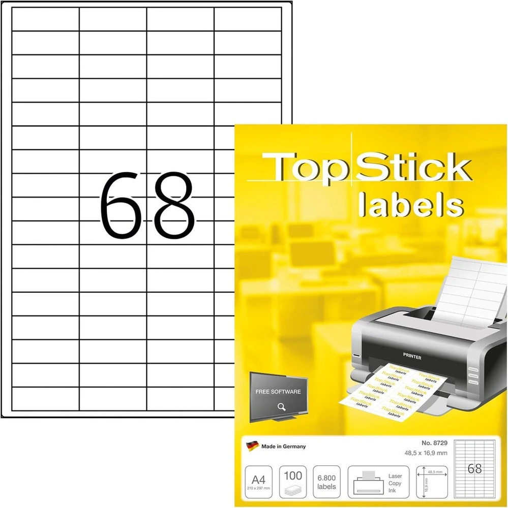Topstick 8729 universalūs lipdukai, 100 lapų, 48,5 x 16,9 mm, 68 vnt. ant A4 lapo, 6800 vnt., lipnūs, spausdinami, matiniai, tuščio popieriaus lipdukai, balti