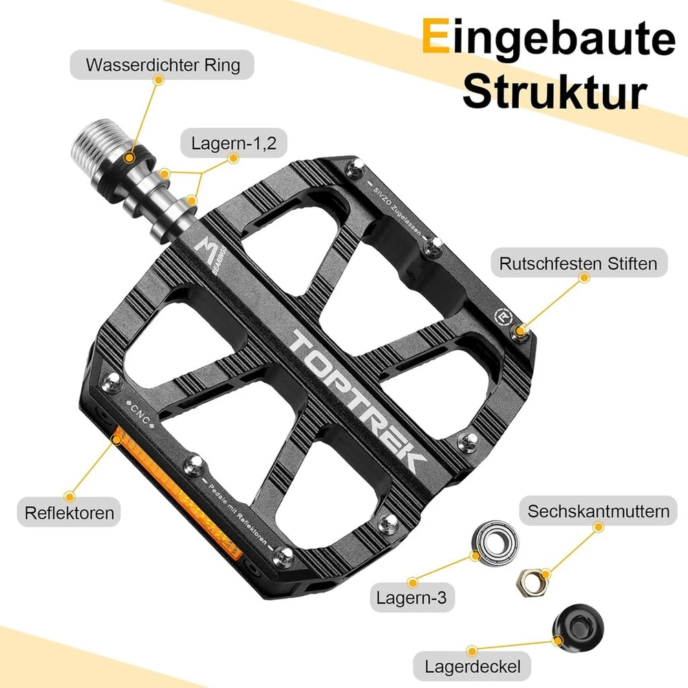 Toptrek dviračio pedalai su Stvzo patvirtintais atšvaitais, Cnc aliumininiai dviračio Mtb pedalai neslystantys su 3 sandariais guoliais skirti kalnų dviračiui, Bmx, el. dviračiui, plento dviračiui
