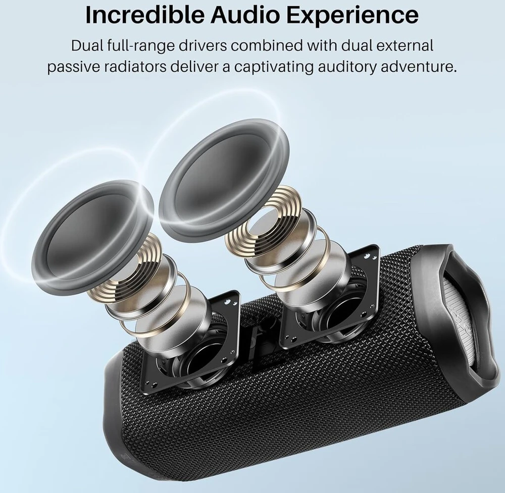 Kompiuterio kolonėlės Tozo Pa2 bluetooth garsiakalbis, nešiojamas garsiakalbis su dvigubais tvarkyklėmis, 25 valandų stereo garsas, gilus žemas dažnis, programėlės valdymas, vandeniui atsparus belaidis garsiakalbis namams, lauke ir kelionėms, juodas