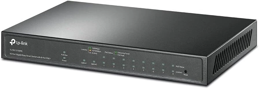 Tp-link Tl-sg1210mpe Gigabit 10 prievadų valdomas Poe komutatorius (8 Gigabit Poe+ prievadai, 1* Gigabit Sfp prievadas, 123 W, Ieee-802.3af/at, Plug and Play, Qos, Igmp, be ventiliatoriaus) juodas