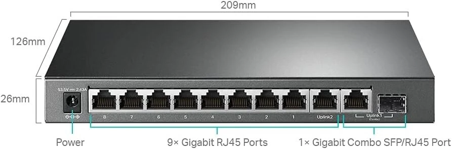Tp-link Tl-sg1210mpe Gigabit 10 prievadų valdomas Poe komutatorius (8 Gigabit Poe+ prievadai, 1* Gigabit Sfp prievadas, 123 W, Ieee-802.3af/at, Plug and Play, Qos, Igmp, be ventiliatoriaus) juodas