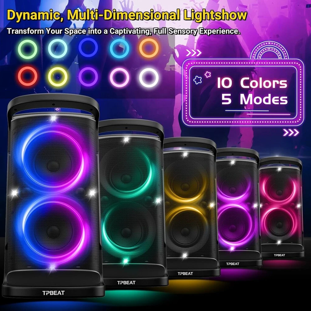 Kompiuterio kolonėlės Tpbeat didelis bluetooth garsiakalbis, party box, 160 w galingas, garsus garsas, gilūs žemi dažniai, music box didelis bluetooth su led šviesų šou, greitas įkrovimas, 15 valandų baterija, tf, aux, eq, vakarėliui, kiemui1