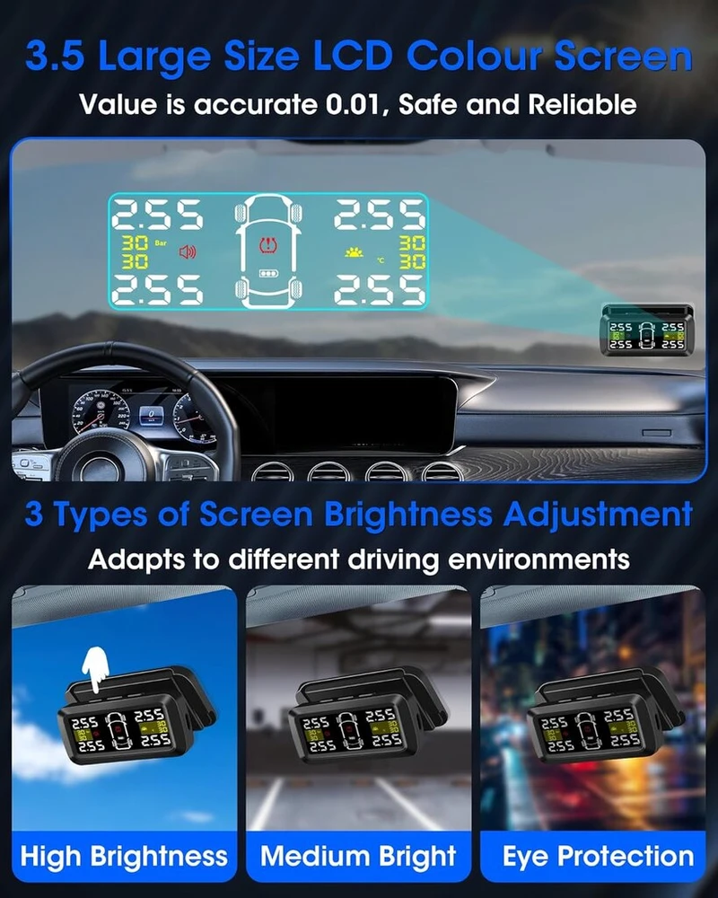 Tpms padangų slėgio stebėjimo sistema 【2/4 ratų režimai】 0,01 bar didelio tikslumo saulės energija įkraunama padangų slėgio stebėjimo sistema su 3,5 colio nuimamu laikikliu ir 4 išoriniais padangų slėgio jutikliais