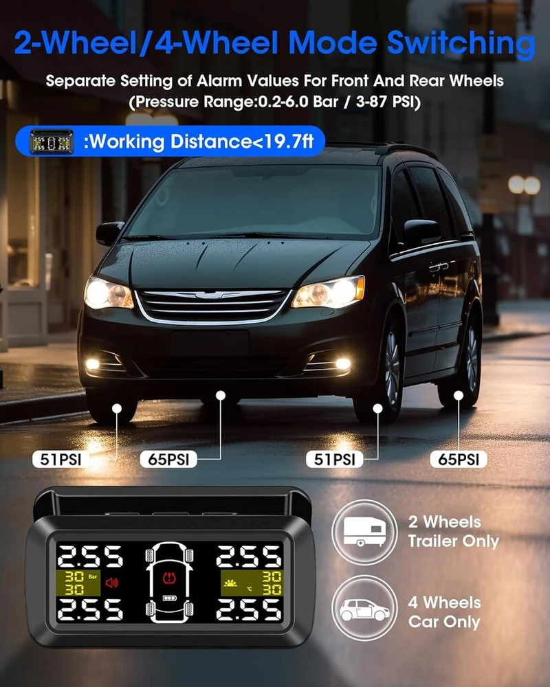 Tpms padangų slėgio stebėjimo sistema 【2/4 ratų režimai】 0,01 bar didelio tikslumo saulės energija įkraunama padangų slėgio stebėjimo sistema su 3,5 colio nuimamu laikikliu ir 4 išoriniais padangų slėgio jutikliais