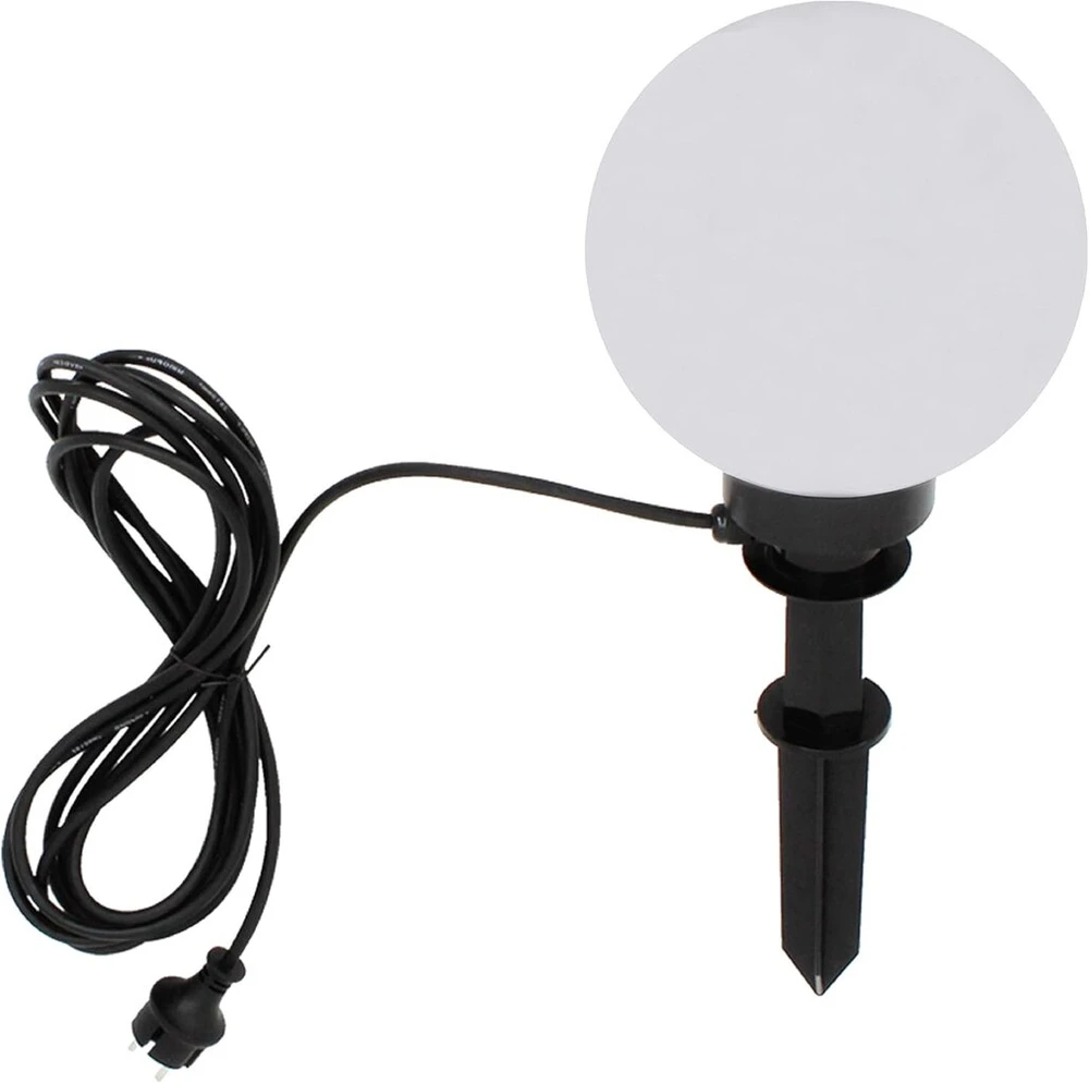 Trango Garden 200b Led sodo gaublys Ip44, rutulinis šviestuvas, 20 cm skersmens, baltas, su 1x E27 Led lempute 3000 K šiltai balta šviesa ir 5 m kabeliu sodo lauko takų apšvietimui