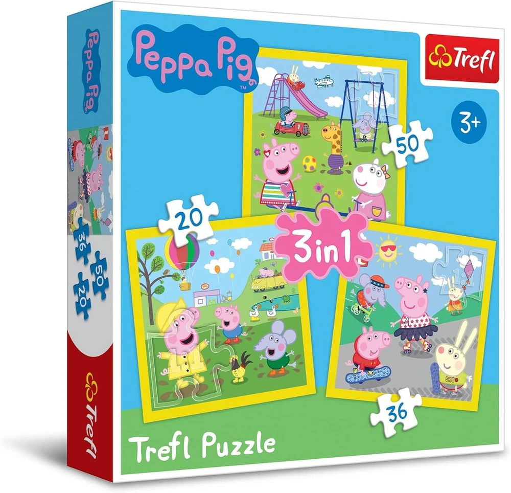 Trefl Tr34849 Laiminga diena, paršelis Peppa, nuo 20 iki 50 detalių, 3 rinkiniai, vaikams nuo 3 metų, dėlionės dėžutė, įvairiaspalvis