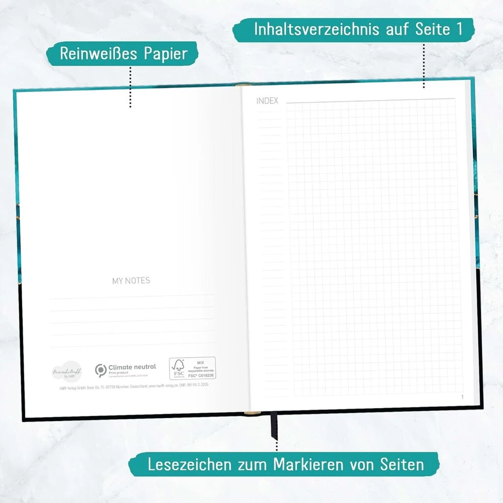 Trendstuff by Häfft A5 formato sąsiuvinis kvadratu "shiny Teal" - 124 puslapiai, 62 lapai - idealiai tinka kaip dienoraštis, kulkinis žurnalas, idėjų knyga, rašymo knyga - tvarus ir draugiškas klimatui