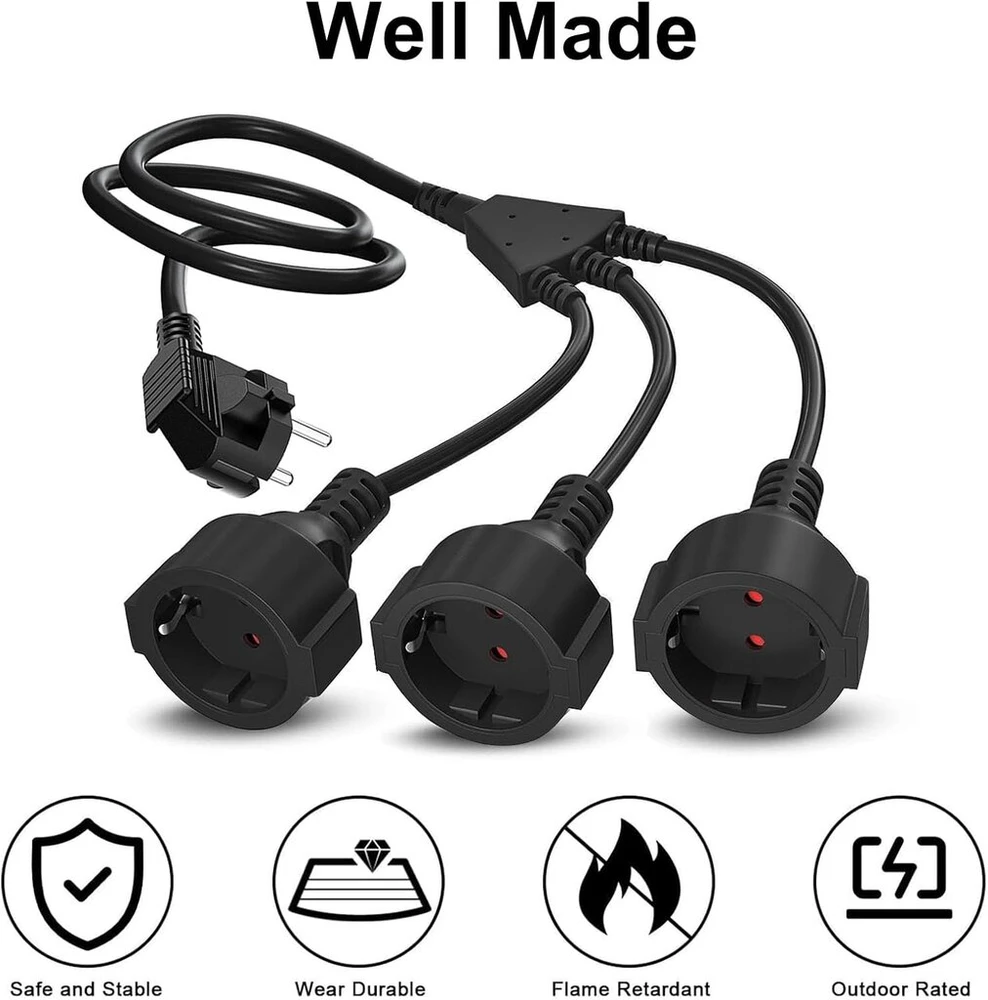 Trigubas lizdas su dvigubu kištuku lizdo ilgintuvui 3 krypčių 2 m schuko lizdai lizdo adapteris daugialypis lizdas dvigubas lizdas lizdas su lanksčiu kabeliu, 250 v 16 a, 1,5 mm², juodas