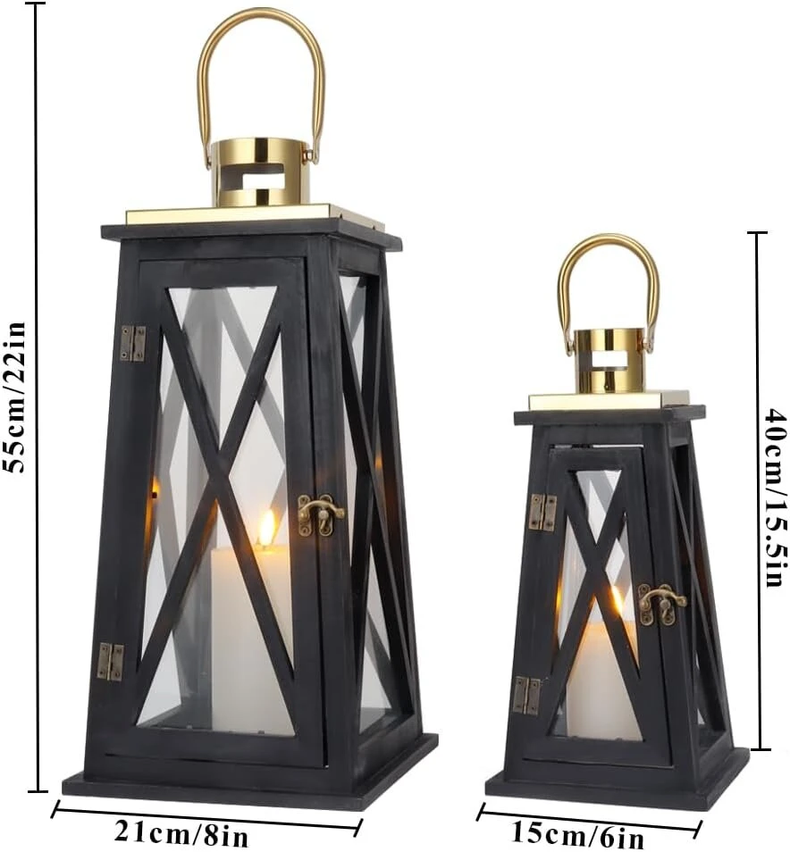 Trirocks Žibintai žvakėms, 2 vnt., 55 cm ir 40 cm aukščio, medinis juodas žvakidė, vintažinė žvakidė su stiklu, sidabro metalinis žiedas, sodo dekoracija, kapų žibintas, balkono dekoracija motinos dienai