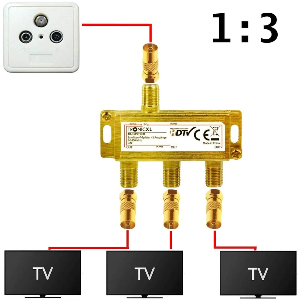 Televizorius Tronicxl 3 krypčių koaksialinis skirstytuvas antenos skirstytuvas palydovinis skirstytuvas auksinė koaksialinė jungtis f jungtis su dc pralaidumu tv kabelis tv skirstytuvas suderinamas su unitymedia vodafone hd 3d 4k soft coaxial