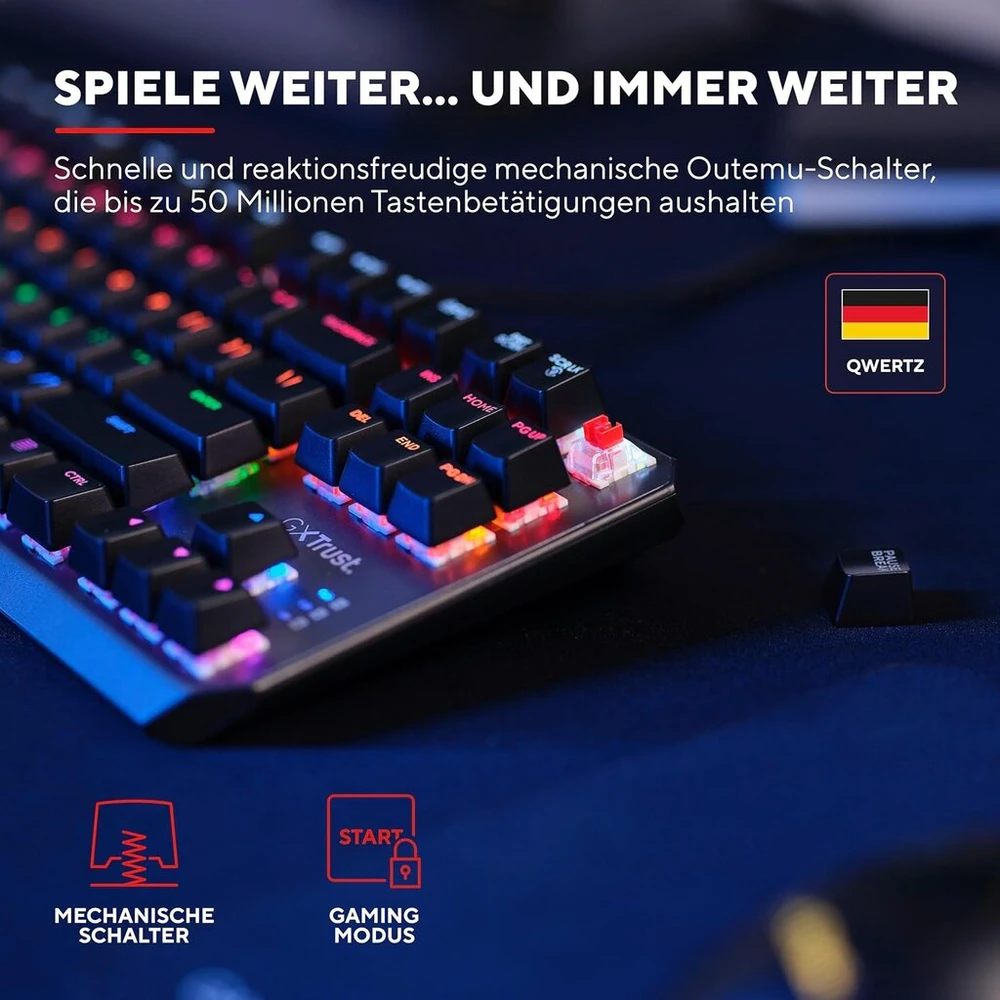 Trust Gaming Gxt 834 Callaz Tkl mechaninė klaviatūra, vokiečių Qwertz išdėstymas, Outemu jungikliai, daugiaspalvis Led apšvietimas, 12 medijos klavišų, Usb žaidimų klaviatūra 80% Pc, nešiojamam kompiuteriui, Mac, juoda