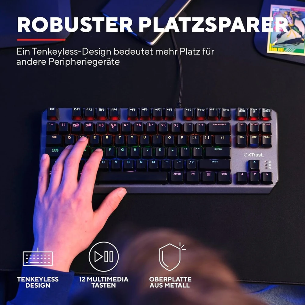 Trust Gaming Gxt 834 Callaz Tkl mechaninė klaviatūra, vokiečių Qwertz išdėstymas, Outemu jungikliai, daugiaspalvis Led apšvietimas, 12 medijos klavišų, Usb žaidimų klaviatūra 80% Pc, nešiojamam kompiuteriui, Mac, juoda