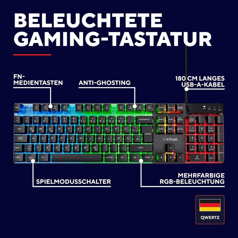 Trust Gaming Gxt 835 Azor žaidimų klaviatūra su apšvietimu, vokiškas Qwertz išdėstymas, pilno dydžio klaviatūros išdėstymas, 3 Led spalvų režimai, anti-ghosting, 12 multimedijos funkcijų klavišų, Pc/nešiojamam kompiuteriui