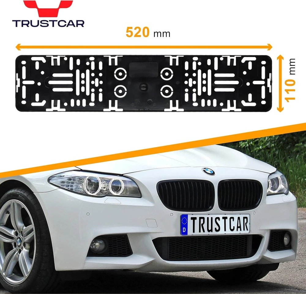 Trustcar berėmio numerio laikiklis, 2 vnt., universalus numerio laikiklis automobiliui, leidžiamas numerio ženklas, įskaitant montavimo priedus, 520 mm x 110 mm, juodas
