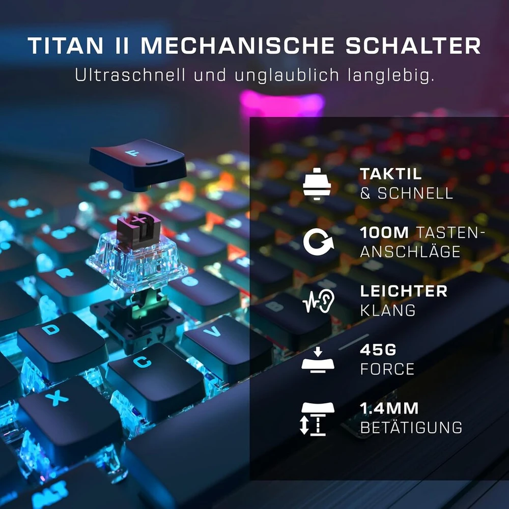Turtle Beach Vulcan Ii mechaninė kompiuterinių žaidimų klaviatūra, Tactile Titan Ii jungikliai, apšviesti klavišai, nuimamas riešo atlošas, De išdėstymas