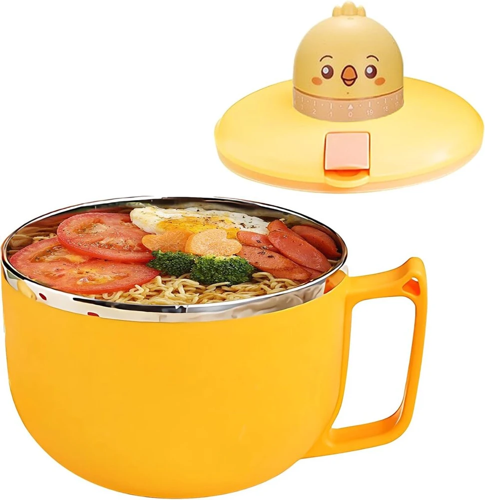 Tuzsocr ramen dubuo su dangteliu, didelis 1200 ml greitai paruošiamų makaronų dubuo su laikmačio jungikliu, 304 nerūdijančio plieno dubuo makaronams, bento pietūs (chicken)