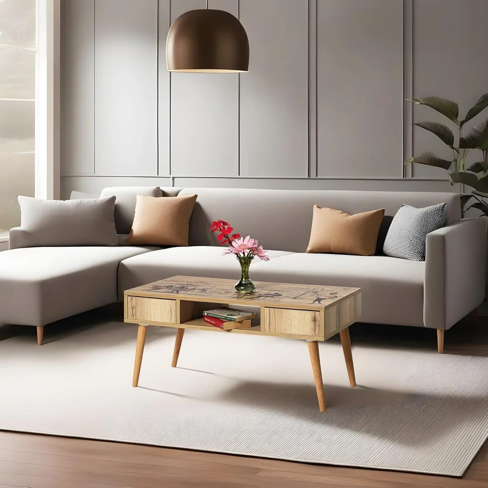 TV staliukas Hanah Home stilingas kavos staliukas su buko medienos kojomis, Atlantic Pine, 97 x 55 x 45 cm, 100% melaminu dengta medžio drožlių plokštė, 18 mm storio, prie sienos tvirtinamas dizainas šiuolaikinėms gyvenamosioms erdvėms