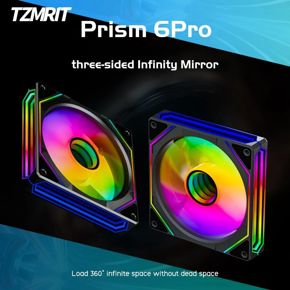 Tzmrit Prism 6 Pro Reverse Flow Rgb ventiliatorius 120 mm, trys begaliniai veidrodžiai šone, 5v 3pin Argb, 4pin Pwm (bk Rf)
